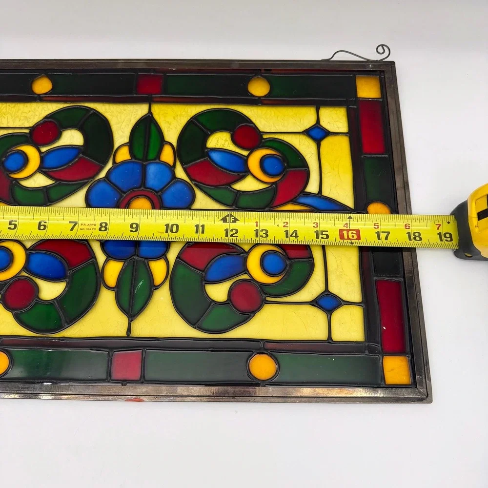 Vintage Stained Glass Window Panel Suncatcher Floral Leaded Metal Frame 18x12